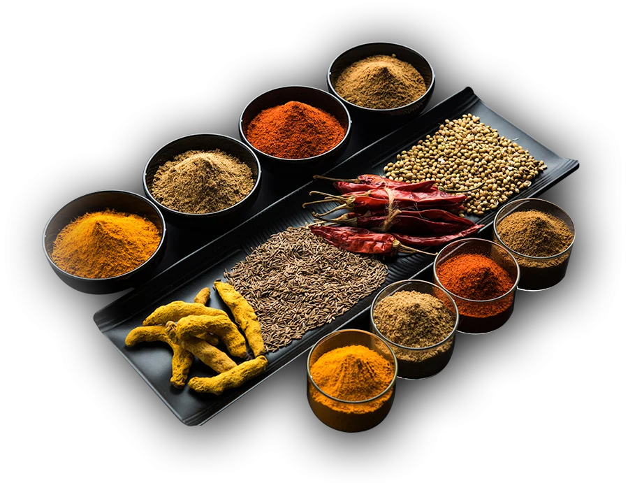 Studio arrangement of whole spices and spice powders